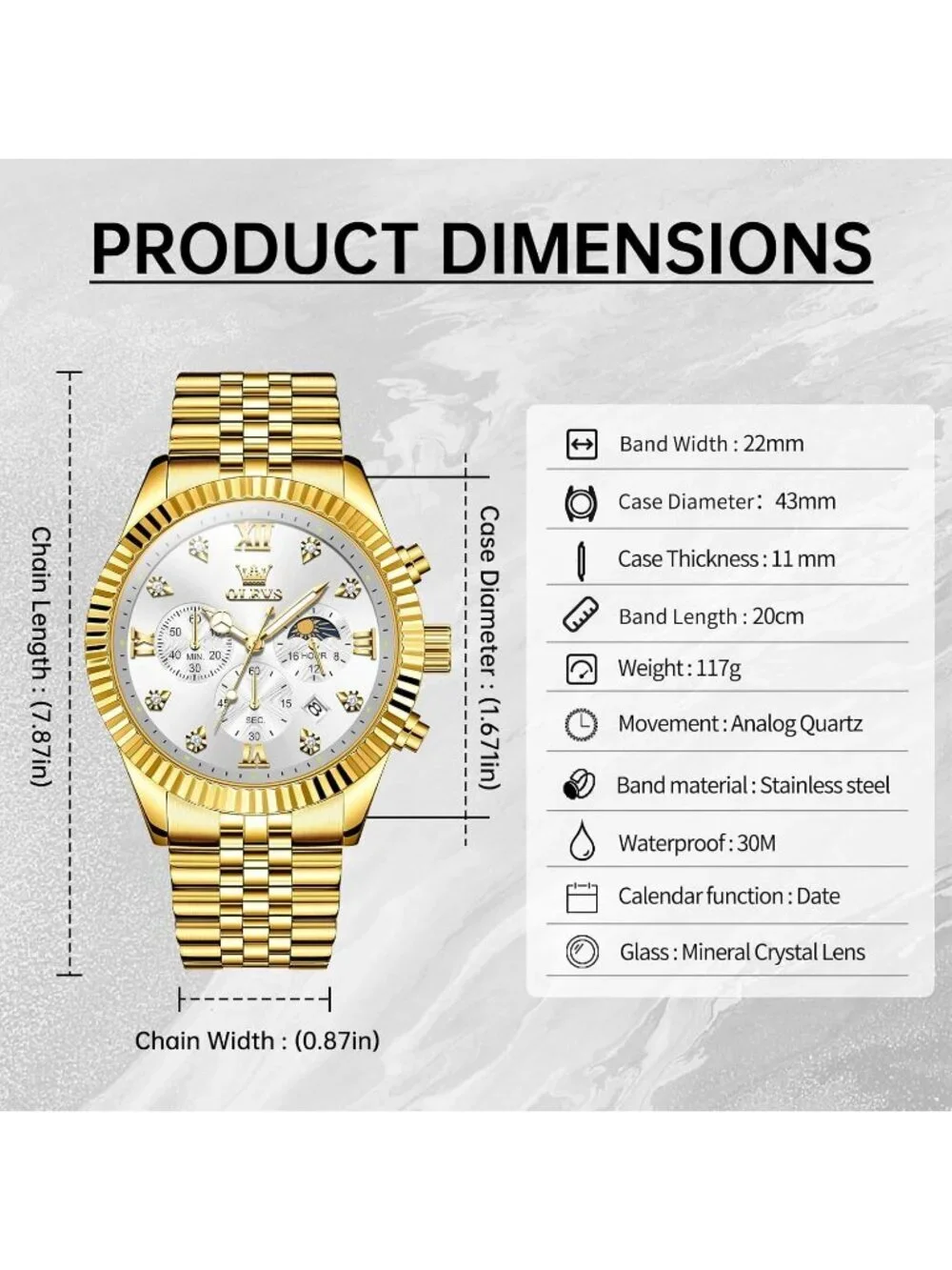 Men's White Gold Diamond Stainless Steel Waterproof Roman Numbers Classic Watch